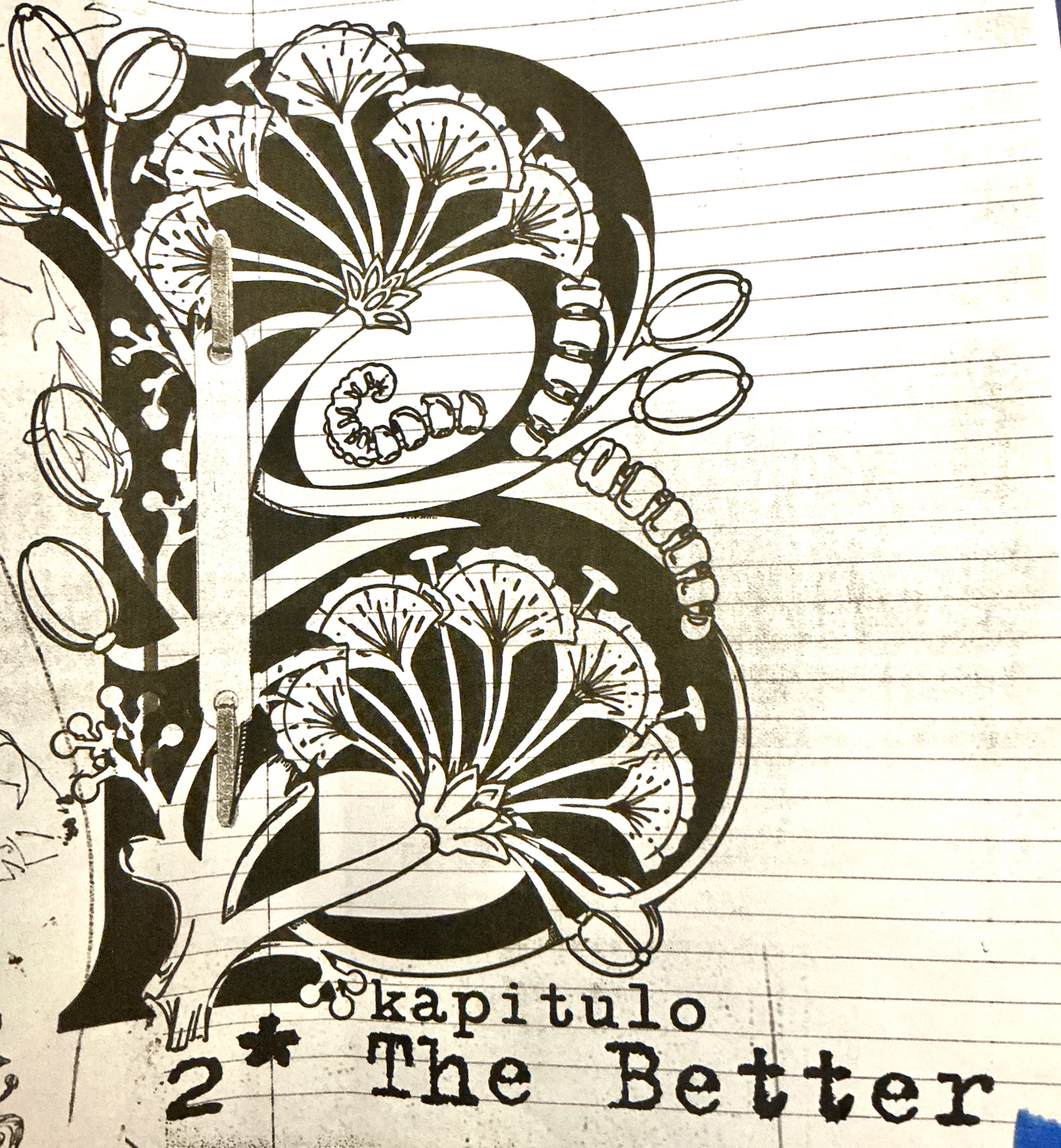 Thebetter: Een gedetailleerde zwart-wit illustratie van planten en tekst op papier met lijnen.